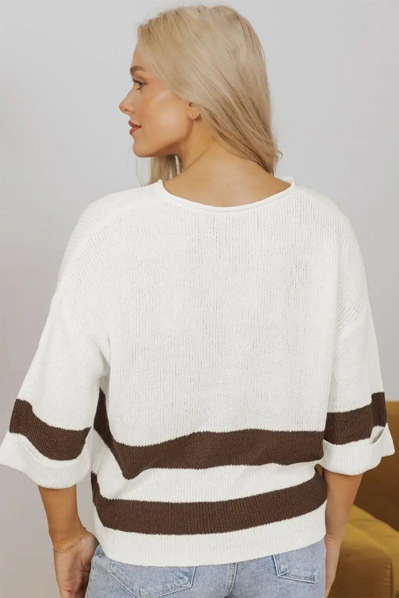 Brown Striped Accent Notched V Neck Cropped Sweater T Shirt - Love Salve